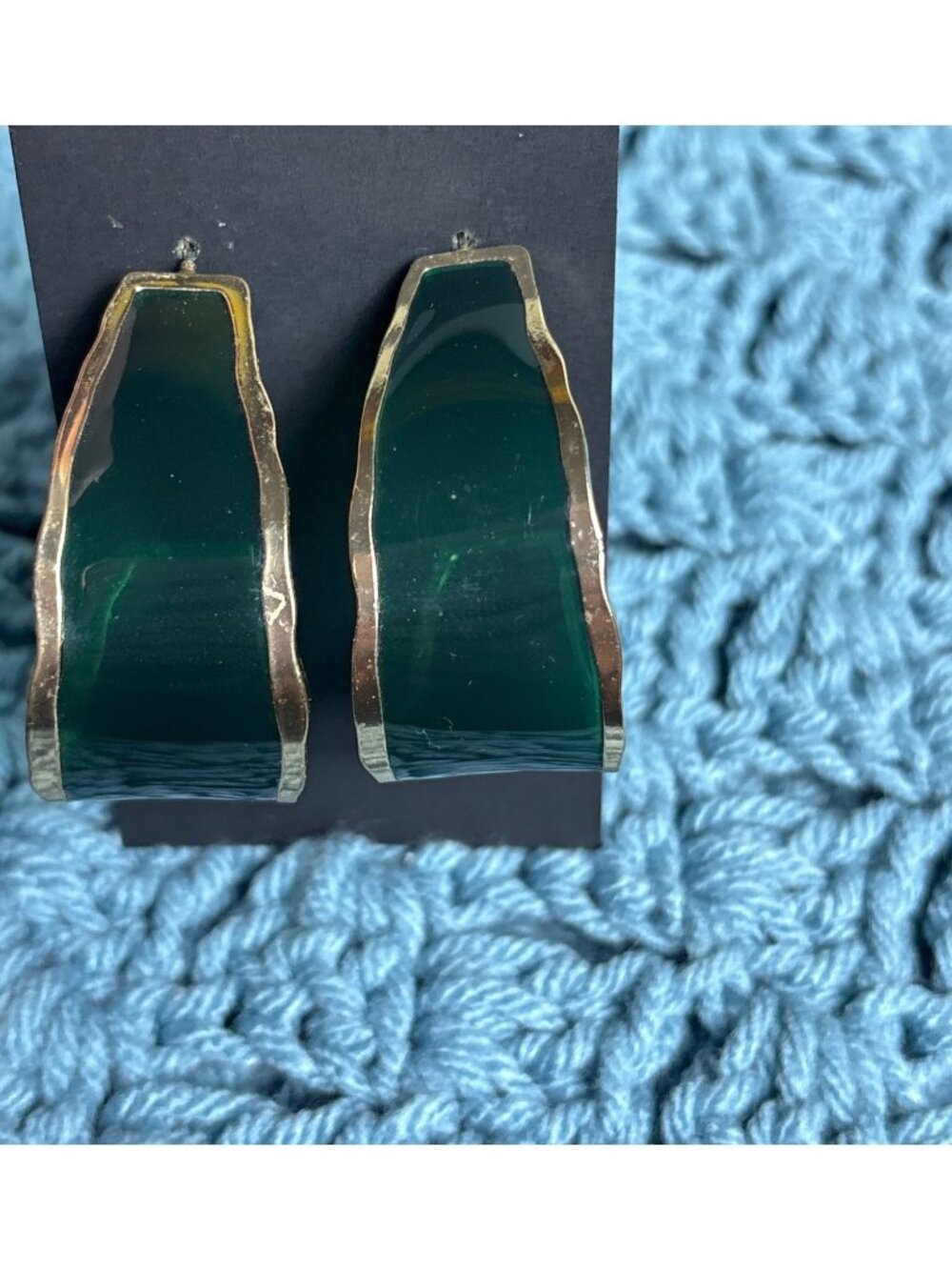 Goldtone Green Plastic Abstract Half Hoop Earrings 1.75 inches